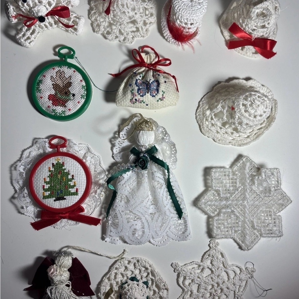 Vintage Lot of 12 Crochet Doily Starched Christmas Ornaments Angel Bell Hat Snow